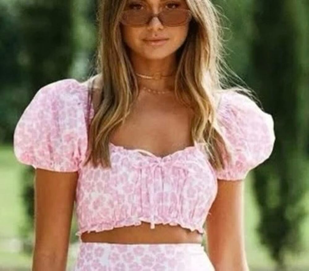 NWT Sabo Skirt Inari Pink Floral Puff Sleeve Top Feminine Flirty Size Large